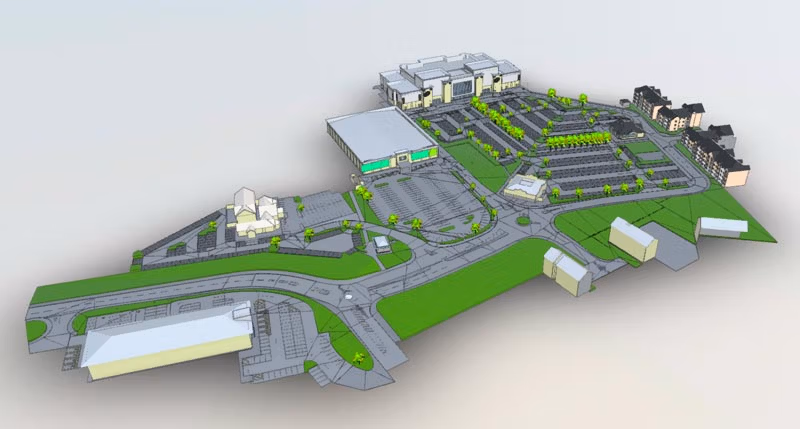 Sky Scan Surveys | The Valley Leisure Park Drone capturing data for existing building renovation project with BIM.