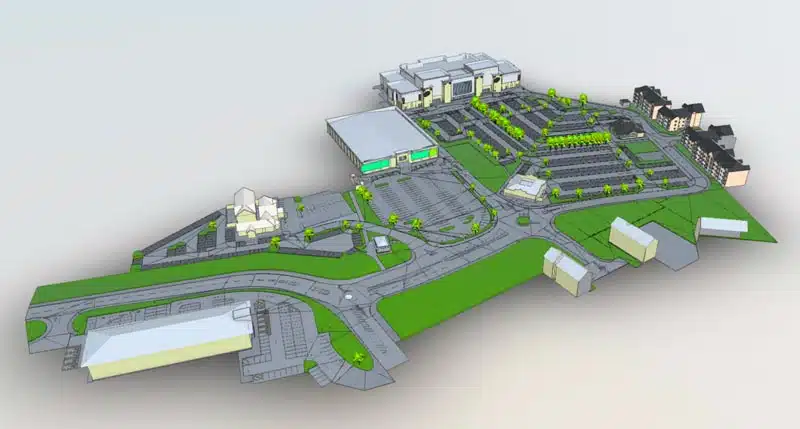Sky Scan Surveys | The Valley Leisure Park Drone capturing data for existing building renovation project with BIM.