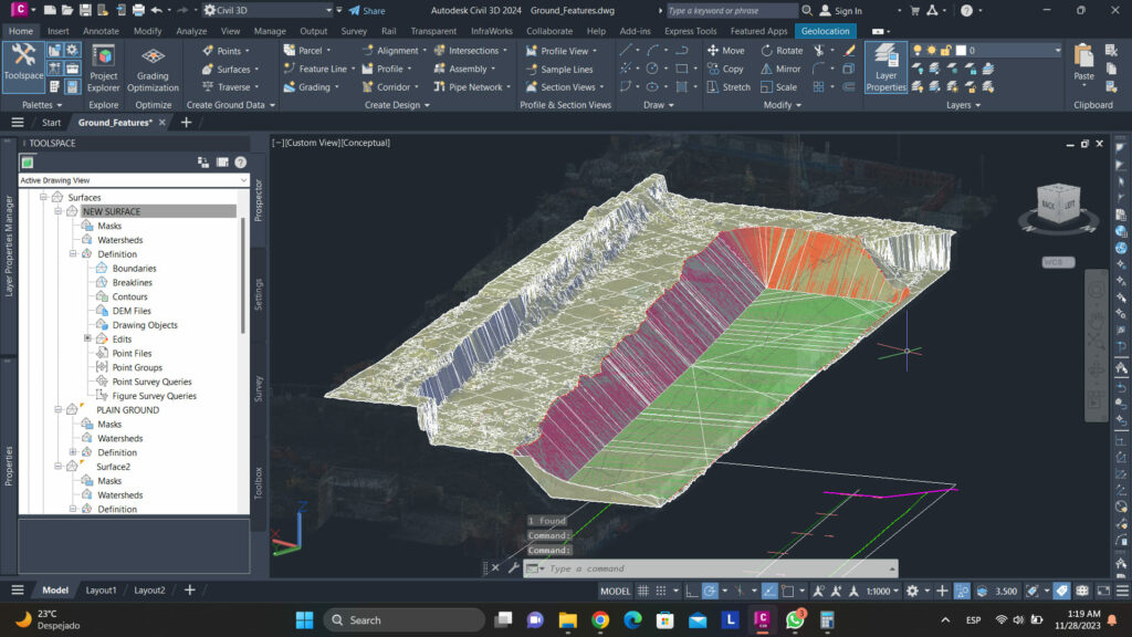 Drone capturing data for 3D model with colored elevation for cut and fill calculations and stockpile volume measurement.