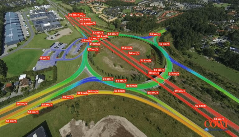 aerial traffic inspection with lines and marks of traffic flow