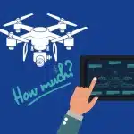 A modern drone (UAV) with surveying equipment (camera/sensor) flying over a typical UK landscape