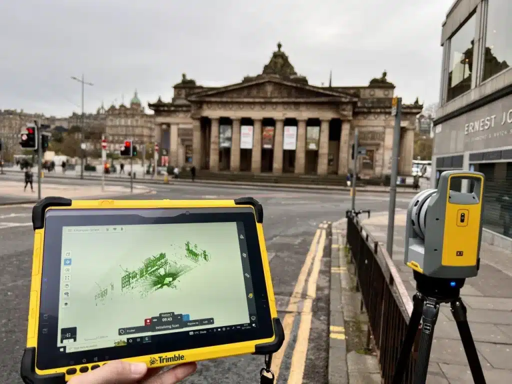 Sky Scan Surveys | Measured Building Survey Cost UK (2025): Your Complete Pricing & ROI Guide with 3D Laser Scanning Expertise Image showing a large, complex commercial building being surveyed, highlighting its intricate architectural details