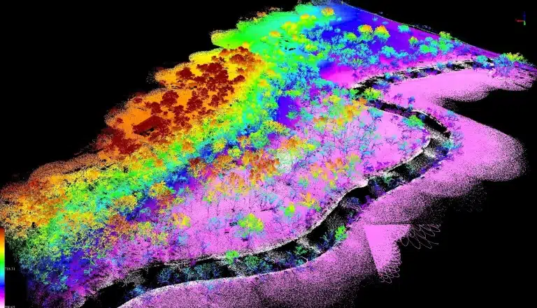 Sky Scan Surveys | LiDAR Drone Surveying UK: Overcome Limitations & Get Comprehensive A detailed, high-density 3D LiDAR point cloud showing intricate ground features and structures.