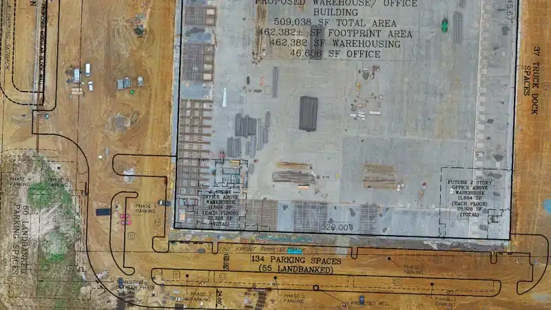 Sky Scan Surveys | TEST1 Topographic Survey Drone image with CAD overlay of construction site