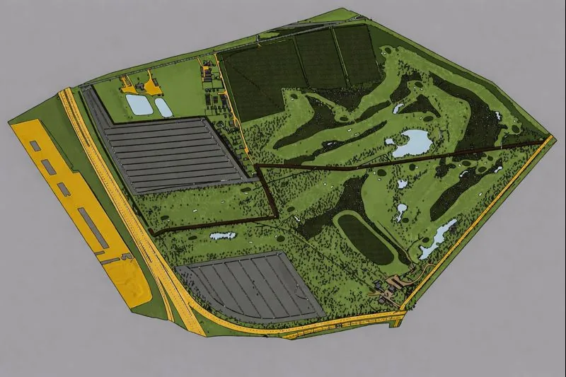 3D topographic survey model of golf course with terrain, trees, bunkers and water features - OSGB36 coordinate system