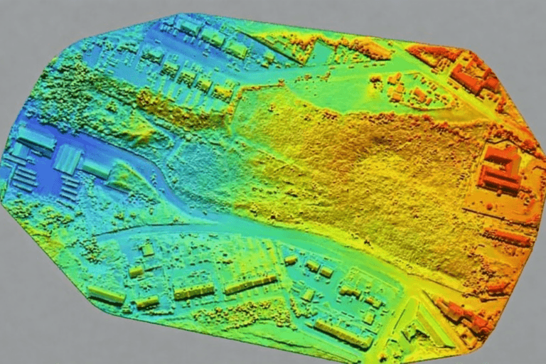 LiDAR point cloud elevation model of development site with colour-coded height data