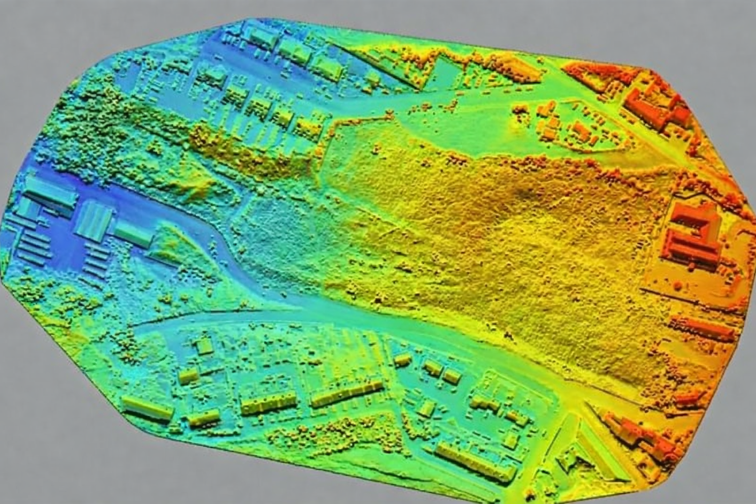 LiDAR point cloud elevation model of development site with colour-coded height data