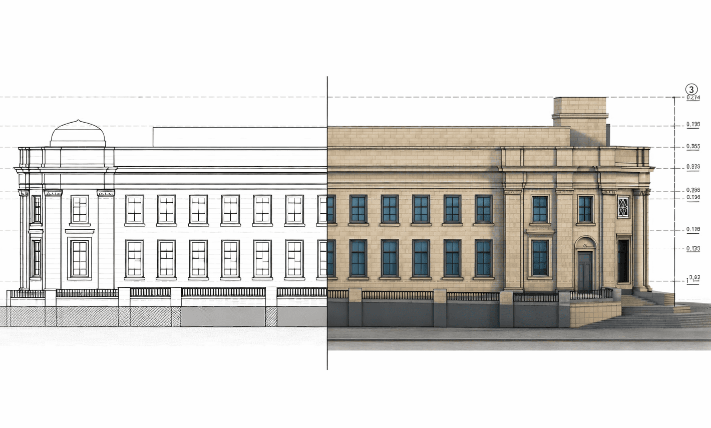 Split-screen comparison showing technical CAD elevation drawing on left and photorealistic 3D rendered model on right