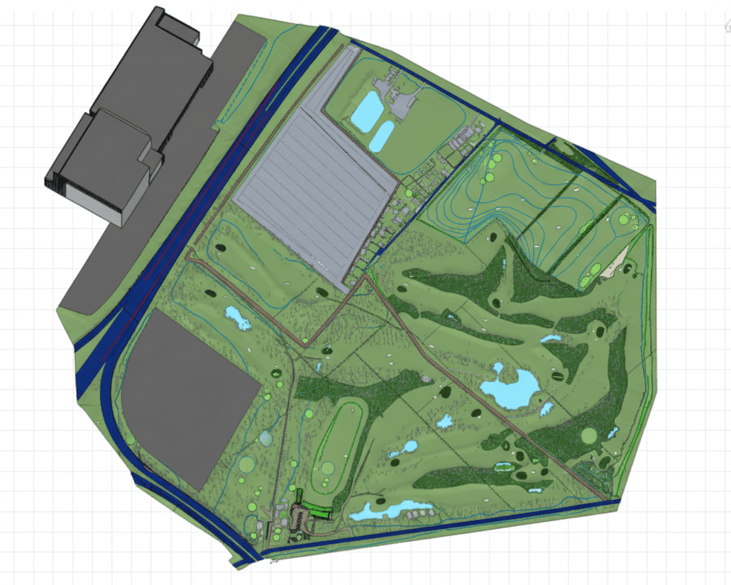 Three-dimensional topographic terrain model showing land contours and features with colour-coded elevation data