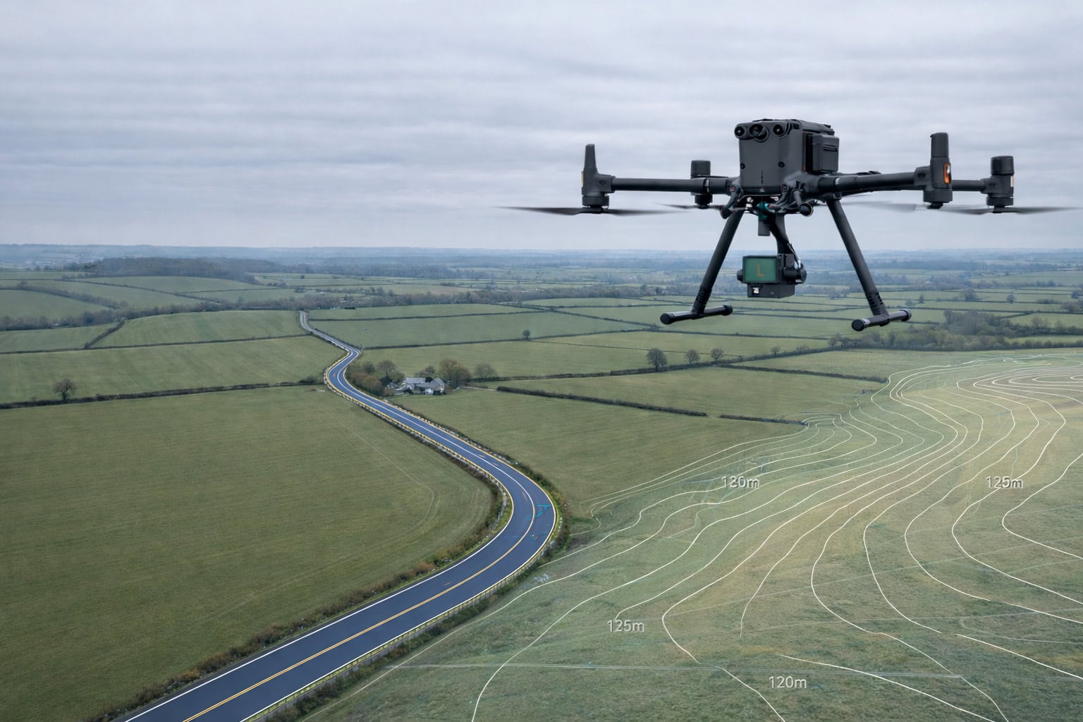 Professional survey drone flying over agricultural land with crop patterns and road visible below for land survey mapping