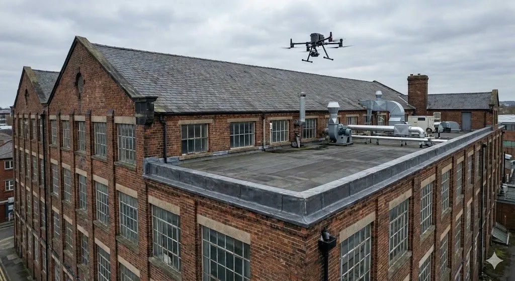 Close-up aerial photograph showing roof gutter with moss growth debris and vegetation indicating drainage maintenance issues