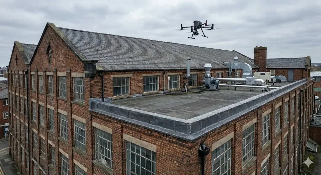 Close-up aerial photograph showing roof gutter with moss growth debris and vegetation indicating drainage maintenance issues