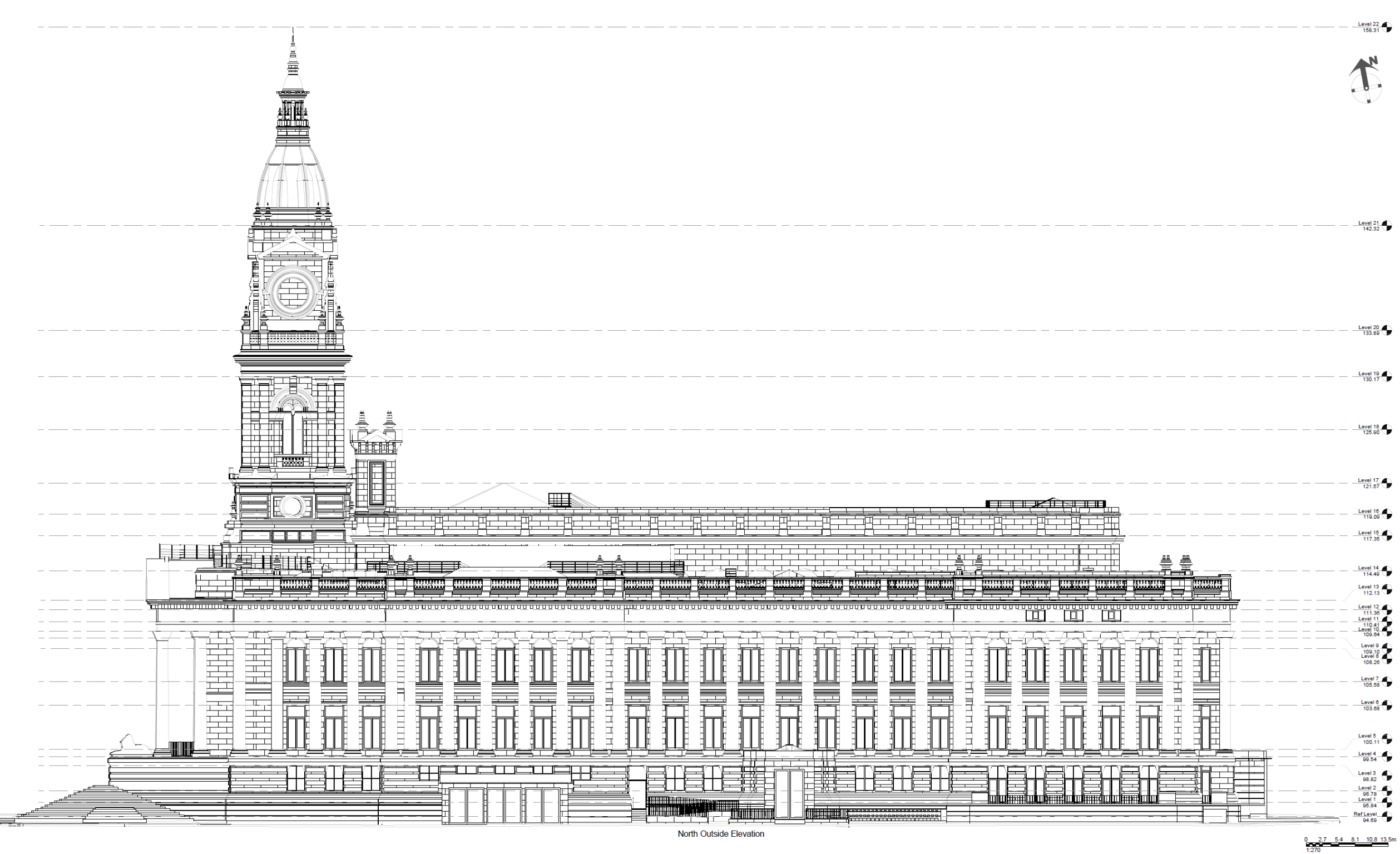 Detailed technical elevation drawing of historic building with clock tower showing precise architectural measurements and annotations