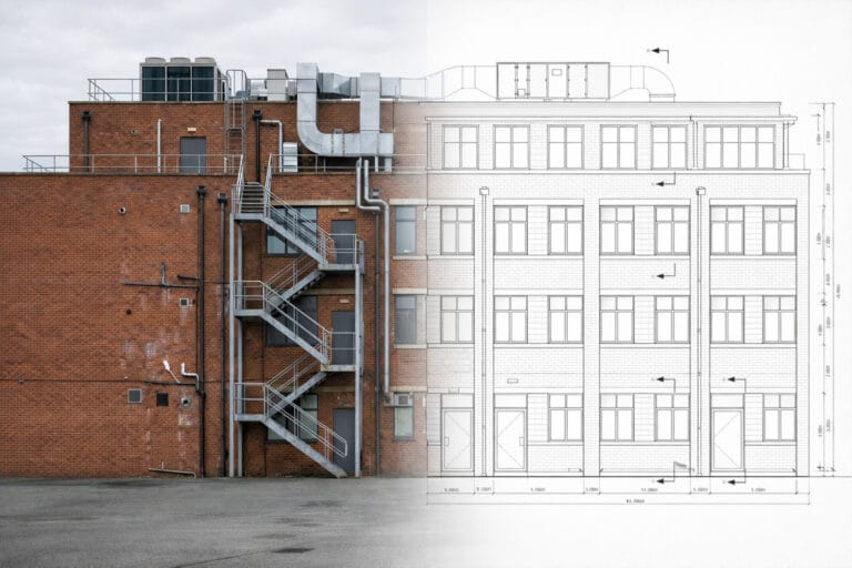 Split-screen overlay showing real building photograph with external staircase transitioning into technical CAD line drawing