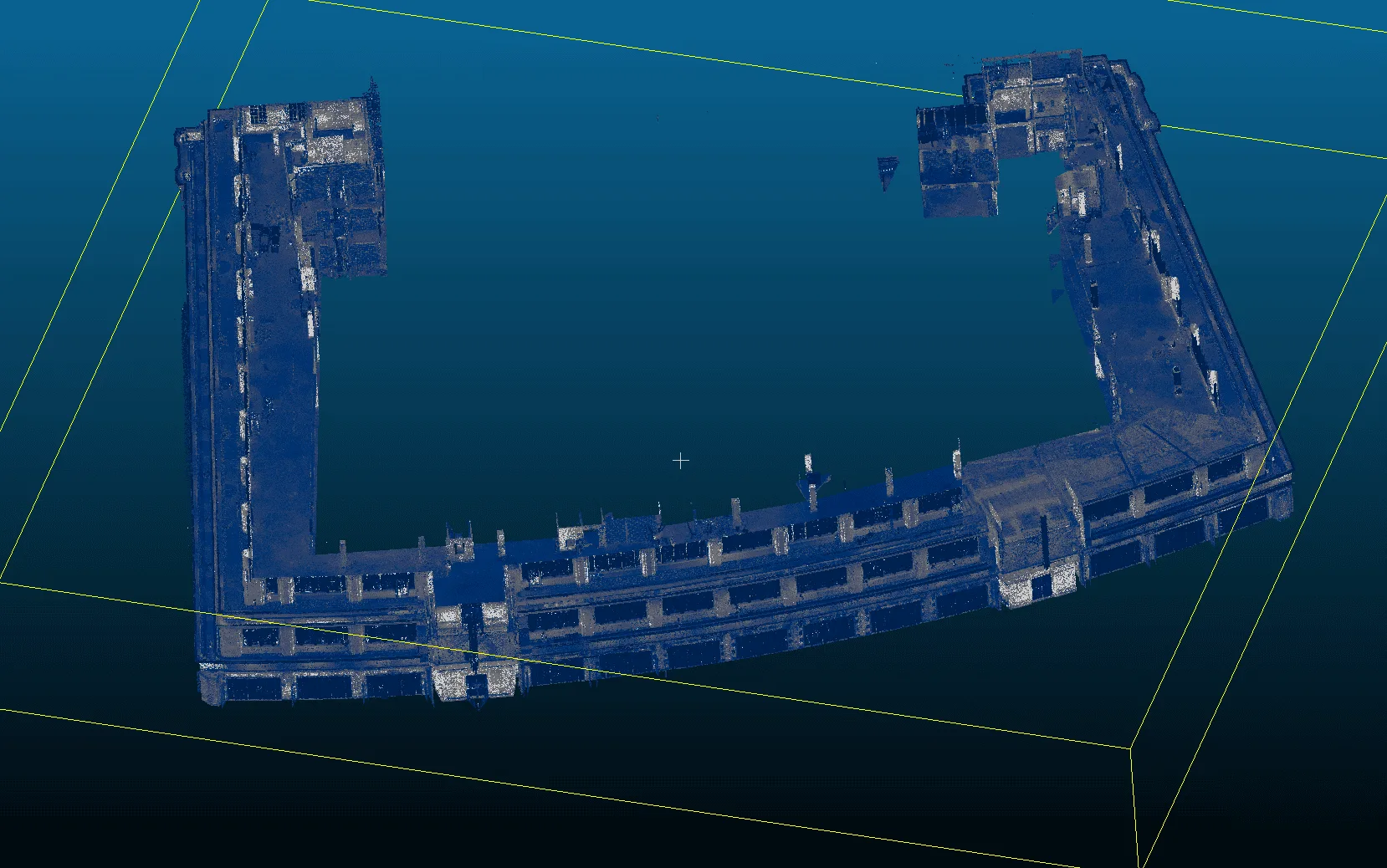 Point cloud visualisation of underwater or marine structure with yellow wireframe overlay showing geometric model extraction