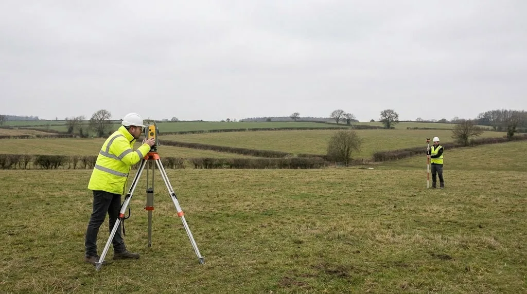 Professional surveyor in safety wear using yellow total station theodolite mounted on tripod in rural field setting