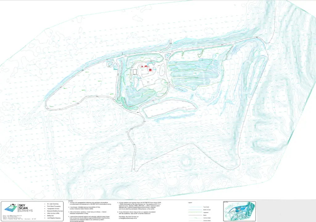 Drone LiDAR topographic survey drawing showing major and minor contours, tree positions and site features on a former industrial site