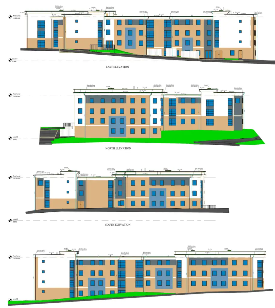 Measured building survey elevation drawings of a four-storey residential block, showing all four faces with floor and roof levels