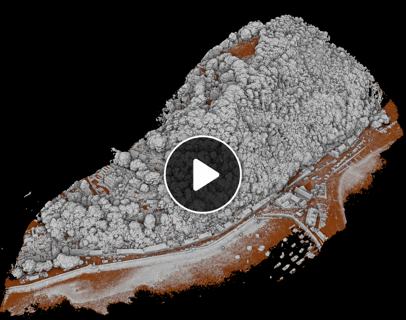 Interactive 3D topographic survey model preview showing a coastal site point cloud with play button overlay