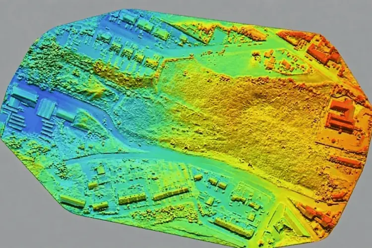 LiDAR point cloud elevation model of development site with colour-coded height data