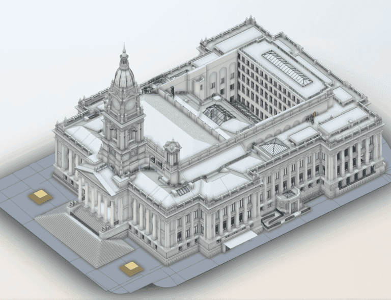 Three-dimensional isometric render of a detailed heritage building showing courtyard and architectural features