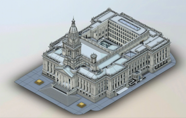 Three-dimensional BIM model of heritage building with dome and courtyard rendered in Revit showing architectural detail